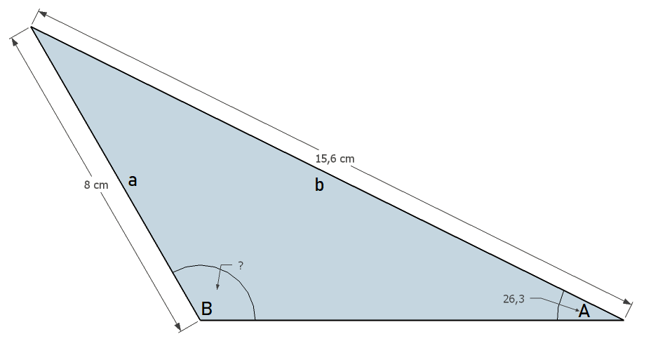 Triangle avec le côté a = 8 cm, le côté b = 15,6 cm, l'angle A = 26,3° et l'angle B obtus cherché