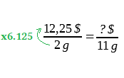 12,25$/2g = ?$/11g, avec une flèche indiquant un coefficient de x6,125
