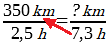 350km/2,5h = ?km/7,3h, avec une flèche reliant 7,3h et 350km pour indiquer la multiplication