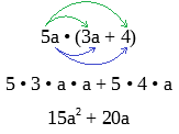 5a(3a + 4) = 5 • 3 • a • a + 5 • 4 • a = 15a² + 20a