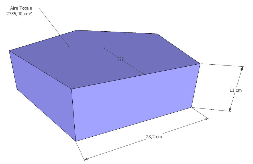 Prisme hexagonal d'aire totale 2735,40 cm², de longueur 28,2 cm et de hauteur 11 cm, dont l'apothème de la base est inconnu