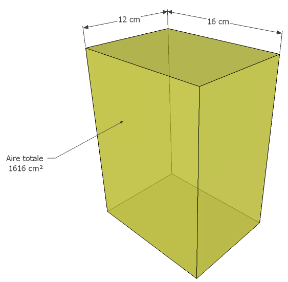 Prisme rectangulaire de 12 cm par 16 cm, d'aire totale 1616 cm², dont la hauteur est inconnue