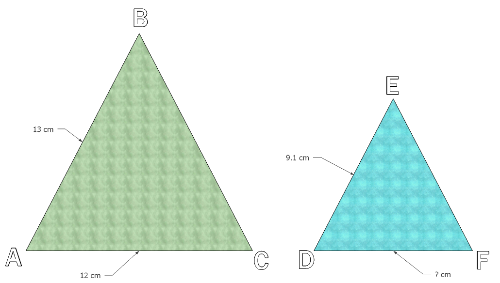 Triangle ABC avec AB = 13 cm et AC = 12 cm, et triangle semblable DEF avec DE = 9,1 cm et DF = ? cm