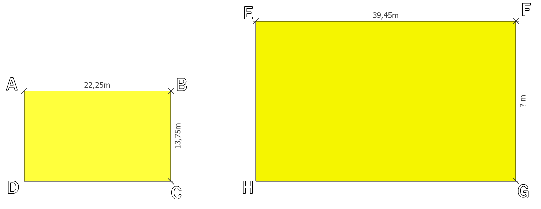 Rectangle ABCD avec AB = 22,25 m et BC = 13,75 m, et rectangle semblable EFGH avec EF = 39,45 m et FG = ? m
