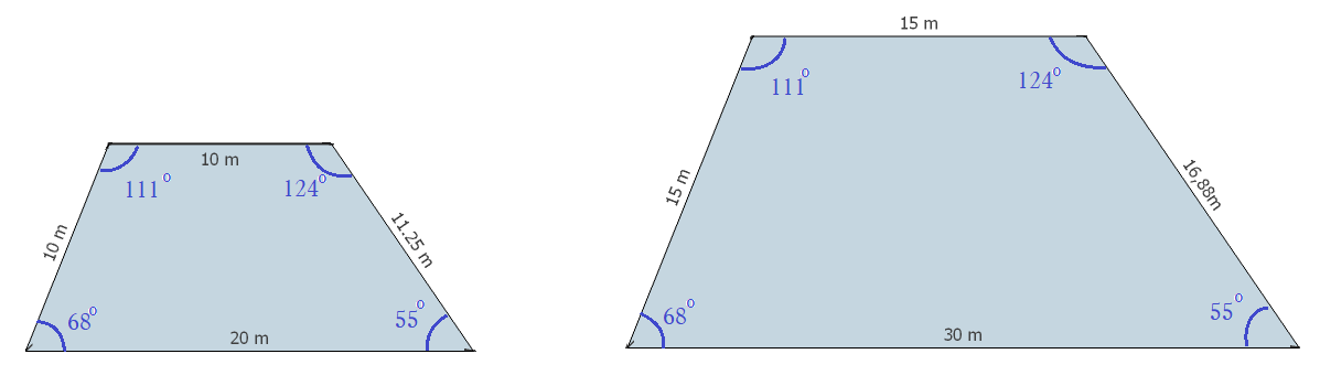 Deux trapèzes avec les angles 68°, 111°, 124° et 55° identiques, et les côtés 10 m, 20 m, 10 m, 11,25 m à gauche et 15 m, 30 m, 15 m, 16,88 m à droite
