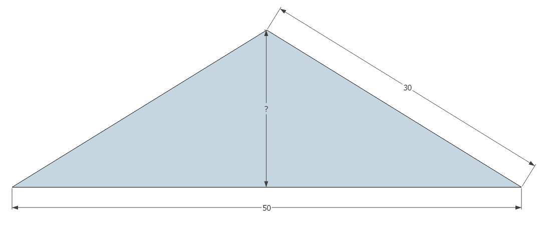Triangle isocèle, base 50, côté 30, hauteur inconnue