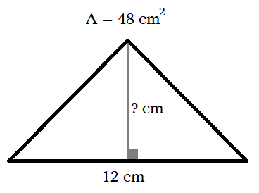 Triangle d'aire 48 cm2 et de base 12 cm, hauteur inconnue