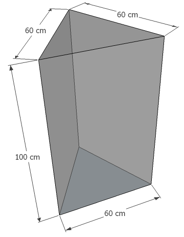 Prisme triangulaire, base équilatérale de 60cm, hauteur 100cm