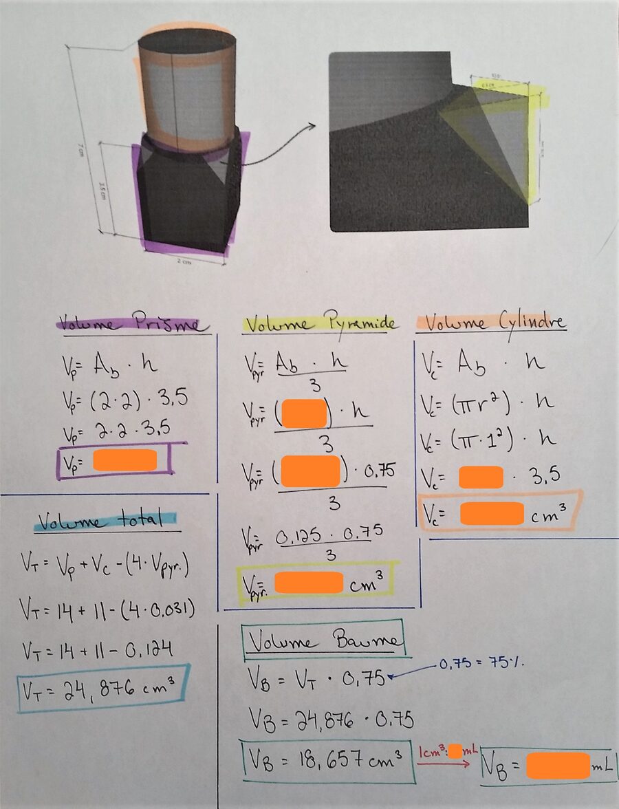 Démarche manuscrite complète pour calculer le volume du baume à lèvres, avec cases oranges à compléter