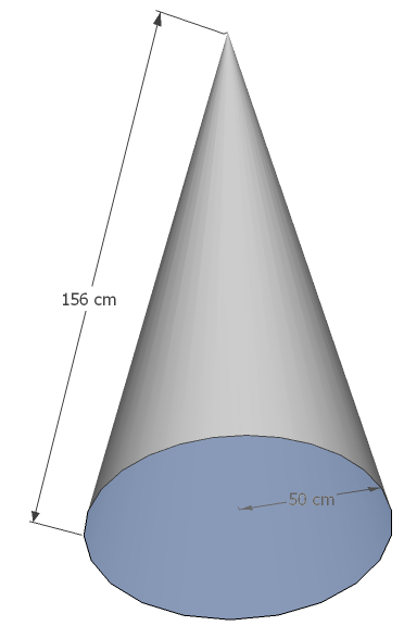 Cône avec apothème 156 cm et rayon 50 cm