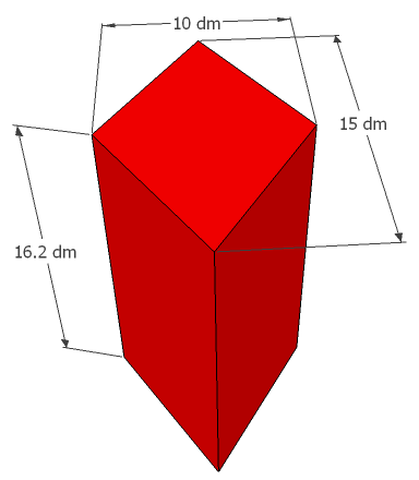 Solide composé d'un prisme hexagonal et d'une pyramide, 10 dm, 15 dm et 16.2 dm