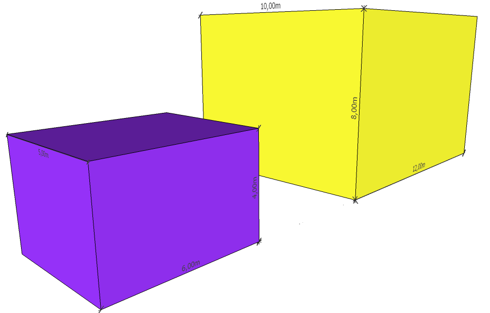 Deux prismes rectangulaires semblables : jaune 10m x 8m x 12m, violet 5m x 4m x 6m