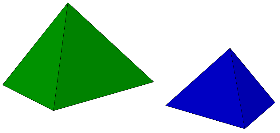 Une grande pyramide verte et une petite pyramide bleue, semblables
