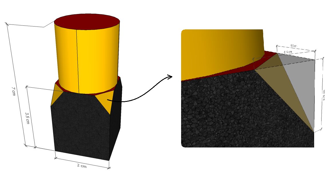Tube composé d'un cylindre (7cm de haut, en jaune) et d'un socle hexagonal (3,5cm, en noir), base de 2cm, avec un agrandissement du coin biseauté (0,5cm x 0,75cm)
