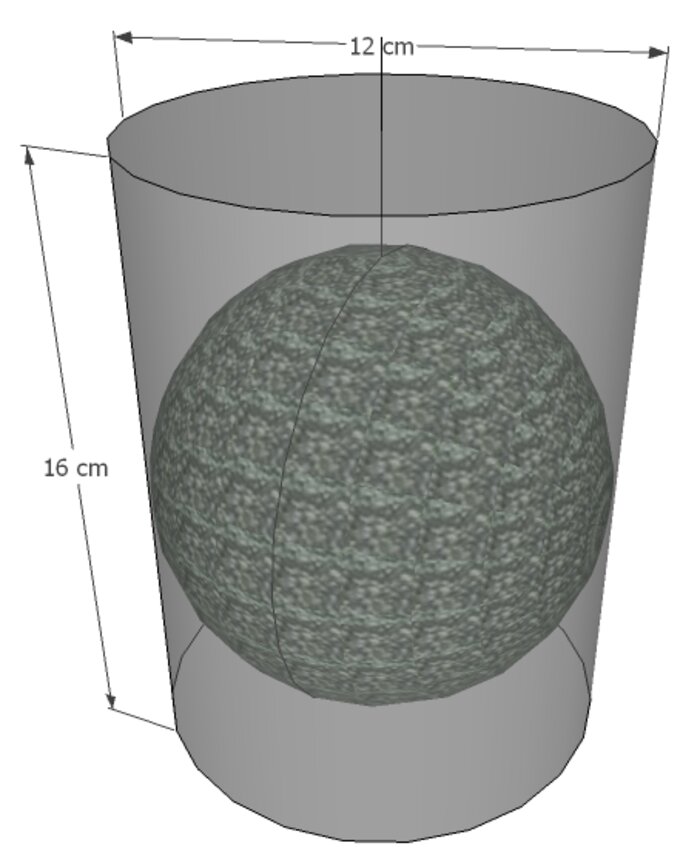 Canne cylindrique de 12 cm de diamètre et 16 cm de hauteur, contenant une sphère de bactéries touchant les côtés de la canne