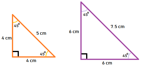Deux triangles rectangles ayant les mêmes angles (45°, 45°, 90°) et des côtés proportionnels (4 cm, 4 cm, 5 cm et 6 cm, 6 cm, 7,5 cm)