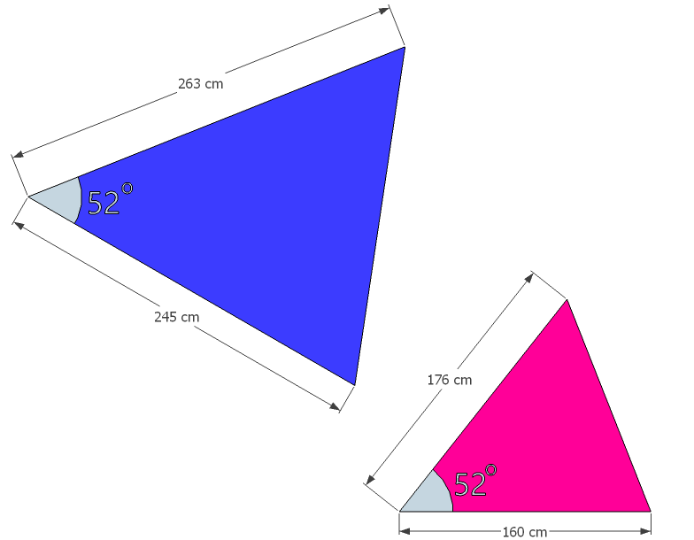 Deux triangles avec un angle homologue de 52° compris entre des côtés de 263 cm et 245 cm, puis 176 cm et 160 cm