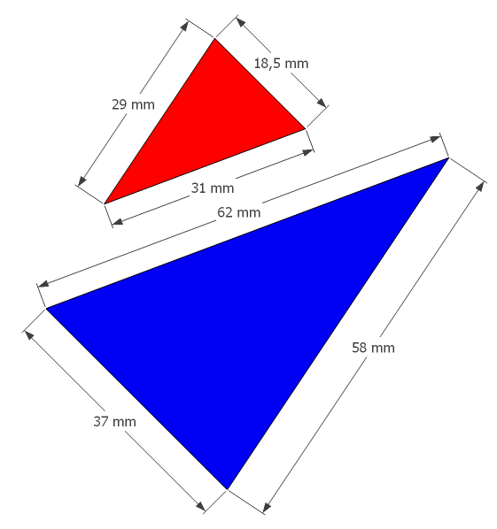 Deux triangles dont tous les côtés homologues (29 mm, 18,5 mm, 31 mm et 58 mm, 37 mm, 62 mm) sont proportionnels
