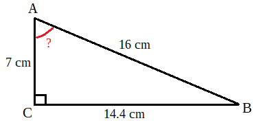 Triangle rectangle ABC avec l'angle droit en C, AC = 7 cm, CB = 14,4 cm, AB = 16 cm, angle A cherché